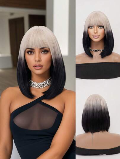 金色渐变黑色直发短刘海假发，舒适透气，易于护理，非常适合日常佩戴、复活节、母亲节、生日派对角色扮演假发，时尚性感，配有玫瑰网帽和哑光纤维 12 英寸