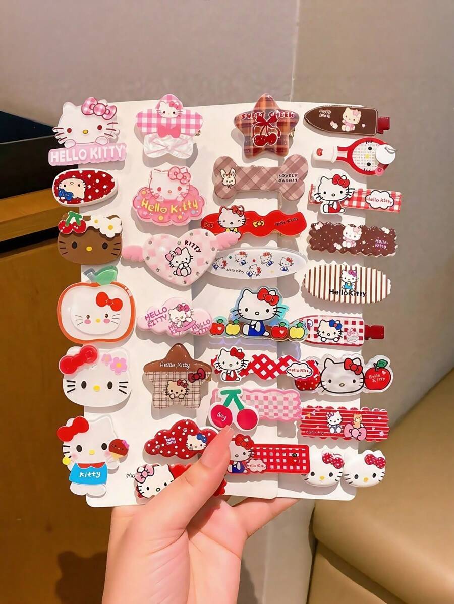Sanrio 10 piezas de Clips para el cabello de Hello Kitty de Sanrio, accesorios para el cabello infantil, dulces y encantadores de plástico con estampados de colores variados, adecuados para amigas, novias, regalos de cumpleaños, accesorios de playa de verano, accesorios para niñas, cuellos para niñas, aptos para el uso diario y regalos festivos para amigos