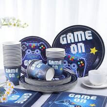 96件組 7/9英吋遊戲控制器一次性餐盤、餐巾紙、杯子，深藍色底色遊戲控制器一次性紙盤、餐巾紙、杯子派對用品，適合遊戲控制器主題派對裝飾餐巾紙 - 彩色 - 查看 3