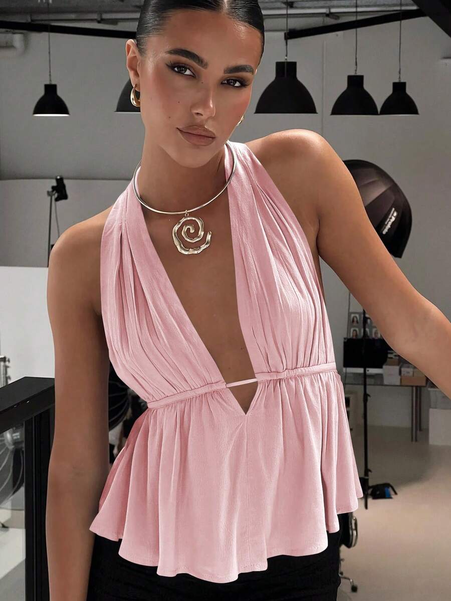 女士纯色蝴蝶结涤纶（聚酯纤维）露背打结荷叶边系带上衣海滩、晚会、约会、婚礼、家居、正式晚宴、街拍上衣，春夏季 - 粉色 - 查看 1