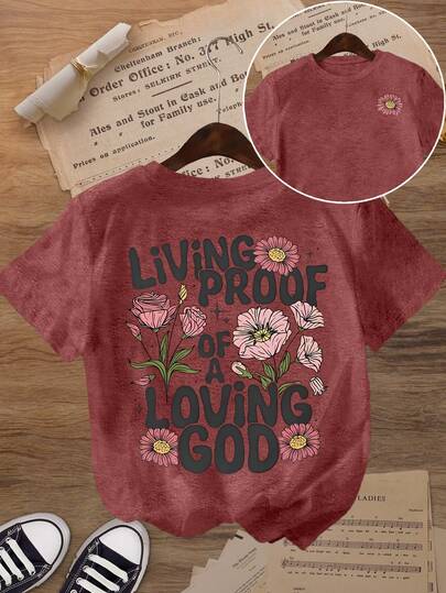 Women's Casual Everyday Letter Flower Graphic Print T-Shirt, Versatile, Suitable For Outdoor Activities For Daily Wear, Women's Summer, Women's Going Out Top, Graphic Crew Neck Short Sleeve T-Shirt