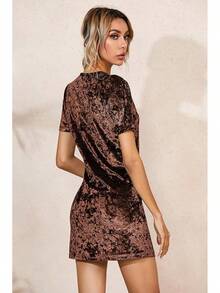 Women's Summer Short Sleeve Crushed Velvet Short Dresses - Brown - View 2