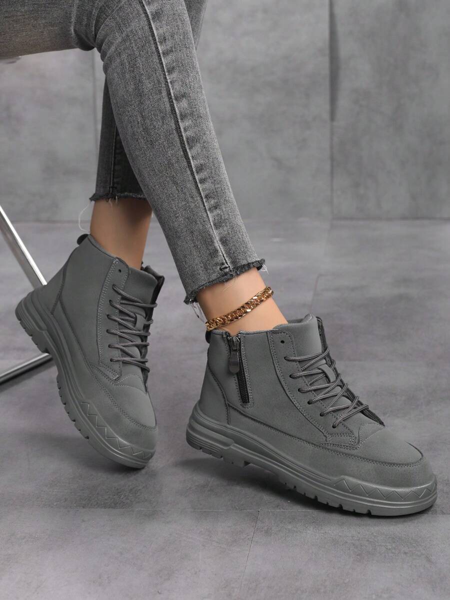 Ladies Hiking Boots 2025 New Model, Suitable For All Seasons, Thick Sole, Anti-Slip, Wear-Resistant High-Top PU Leather Waterproof Oil-Proof Riding Boots, Fashion Versatile Solid Color High-Top Side Zipper Soft Comfortable Ladies Ankle Boots, Casual Outdoor Street Style Ladies Leather Boots