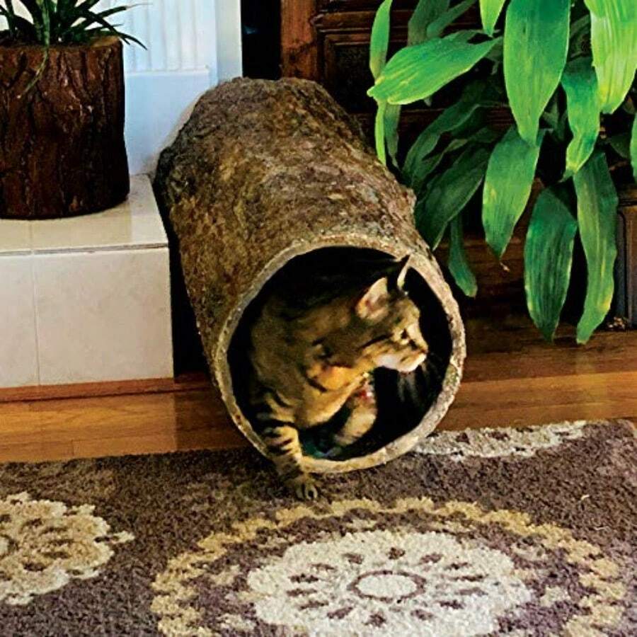 Hollow Log Cat Hideaway Indoor Outdoor Kitten Hideout Tunnel And Play Cave - Brown - View 1