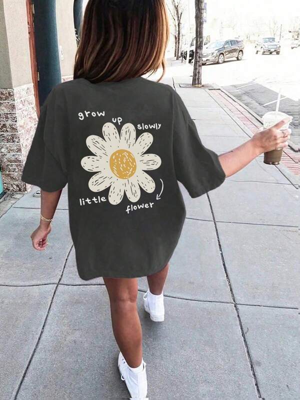 Girls & Teenagers Students Casual Printed Dark Gray Round Neck Short Sleeve T-Shirt, Summer Top