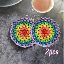 2/7 Peças Porta-copos de Crochê Feitos à Mão Boêmios, Rendas Redondas Multicoloridas, Jogos Americanos Vazados Resistentes ao Calor, Descansos de Copo e Garrafa de Crochê para Festas, Casamentos, Reuniões de Mesa, Melhor Presente