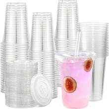 50PCS Vasos de Plástico Transparente Desechables con Tapas Planas para Bebidas en Fiestas, Bodas, Café Helado, Batidos, Smoothies y Bebidas Frías - 20 oz - 50 piezas con labios - Ver 1