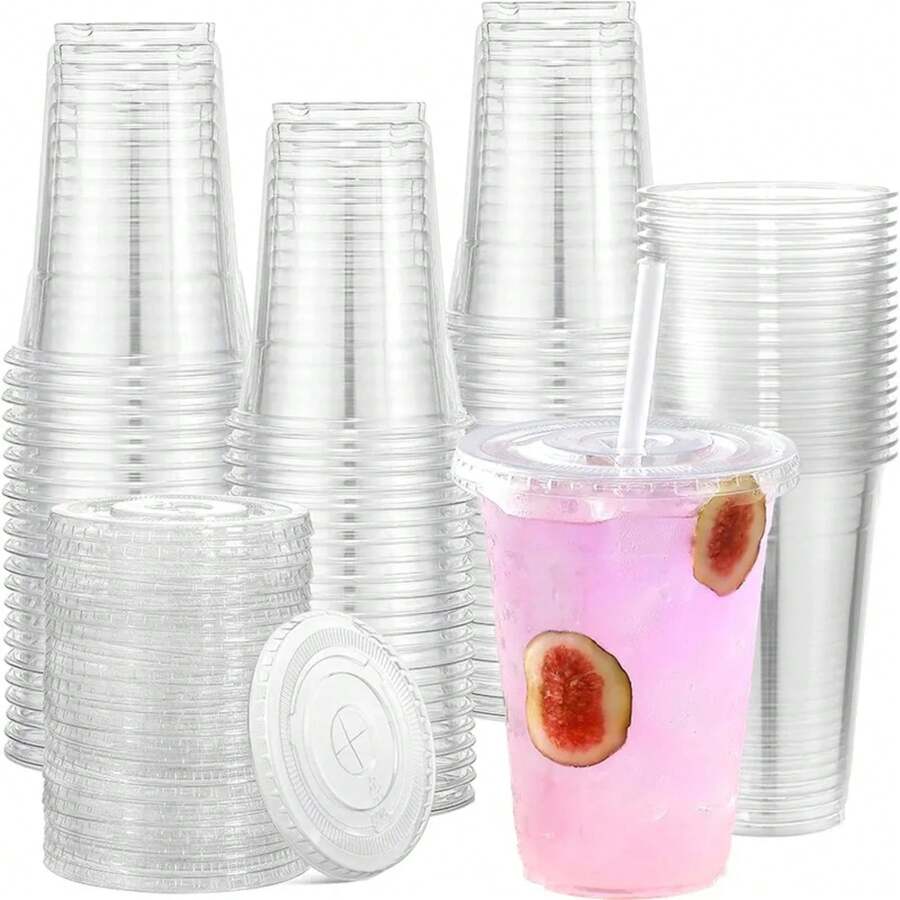 50PCS Vasos de Plástico Transparente Desechables con Tapas Planas para Bebidas en Fiestas, Bodas, Café Helado, Batidos, Smoothies y Bebidas Frías - 20 oz - 50 piezas con labios - Ver 1