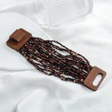 1pc New Geometric Wooden Block Clasp Elastic Multilayer Faux Pearl Beads Bracelet, Bohemian Women Jewelry