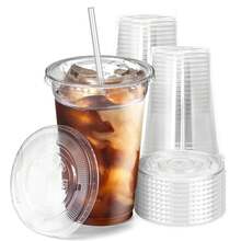 50pcs/Set 12/16OZ Plastic Cups With Lids Disposable Cups For Iced Coffee Smoothie Milkshake Cold Drinks Birthday Party Supplies - 16OZ - View 1