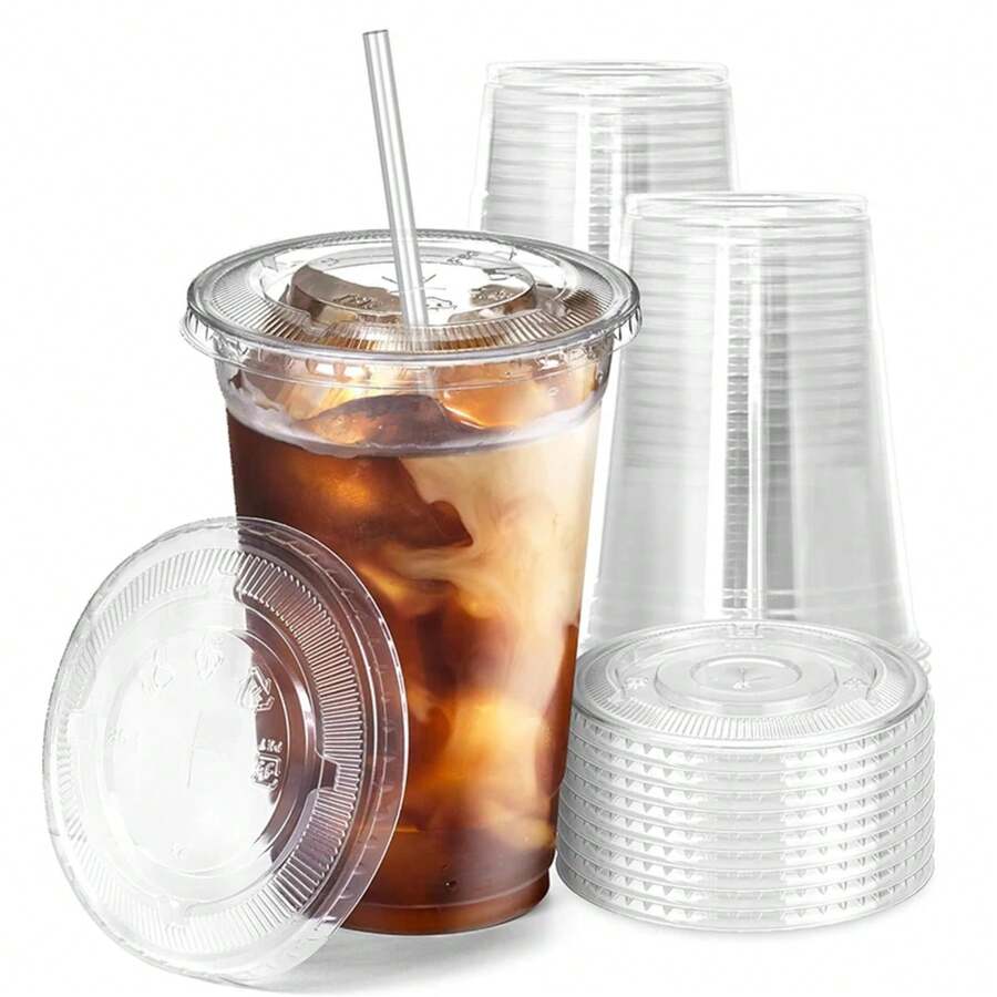 50pcs/Set 12/16OZ Plastic Cups With Lids Disposable Cups For Iced Coffee Smoothie Milkshake Cold Drinks Birthday Party Supplies - 16OZ - View 1