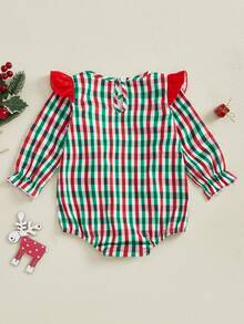 Mono informal de manga larga con lazo a cuadros y bordado navideño para niñas recién nacidas, ropa de moda - Verde - Ver 2