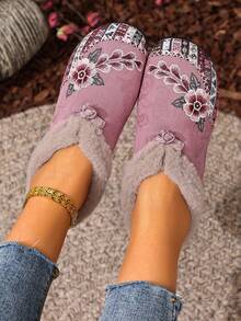 2024 Winter New Embroidered Slip-On Warm Comfortable Soft Bottom Flat Shoes For Middle-Aged And Elderly, Anti-Slip - Pink - View 3