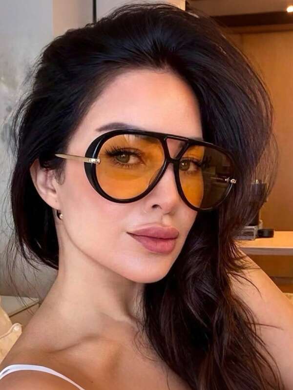 1Pc Women New Large Frame Fashion Glasses Popular Multicolor Unique Frame Double Beam Design Light Luxury Style Chic Metal Legs Men Glasses Suitable For Travel Vacation Decoration Wearing