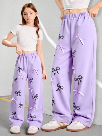 时尚甜美休闲简约蝴蝶结装饰紫色阔腿裤，适合春秋季户外活动、派对、节日、情人节、校园及女生日常穿着。