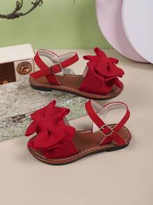 1 par de sandalias planas de color liso con diseño de lazo, de moda para uso al aire libre en verano para niñas - Rojo - Ver 2