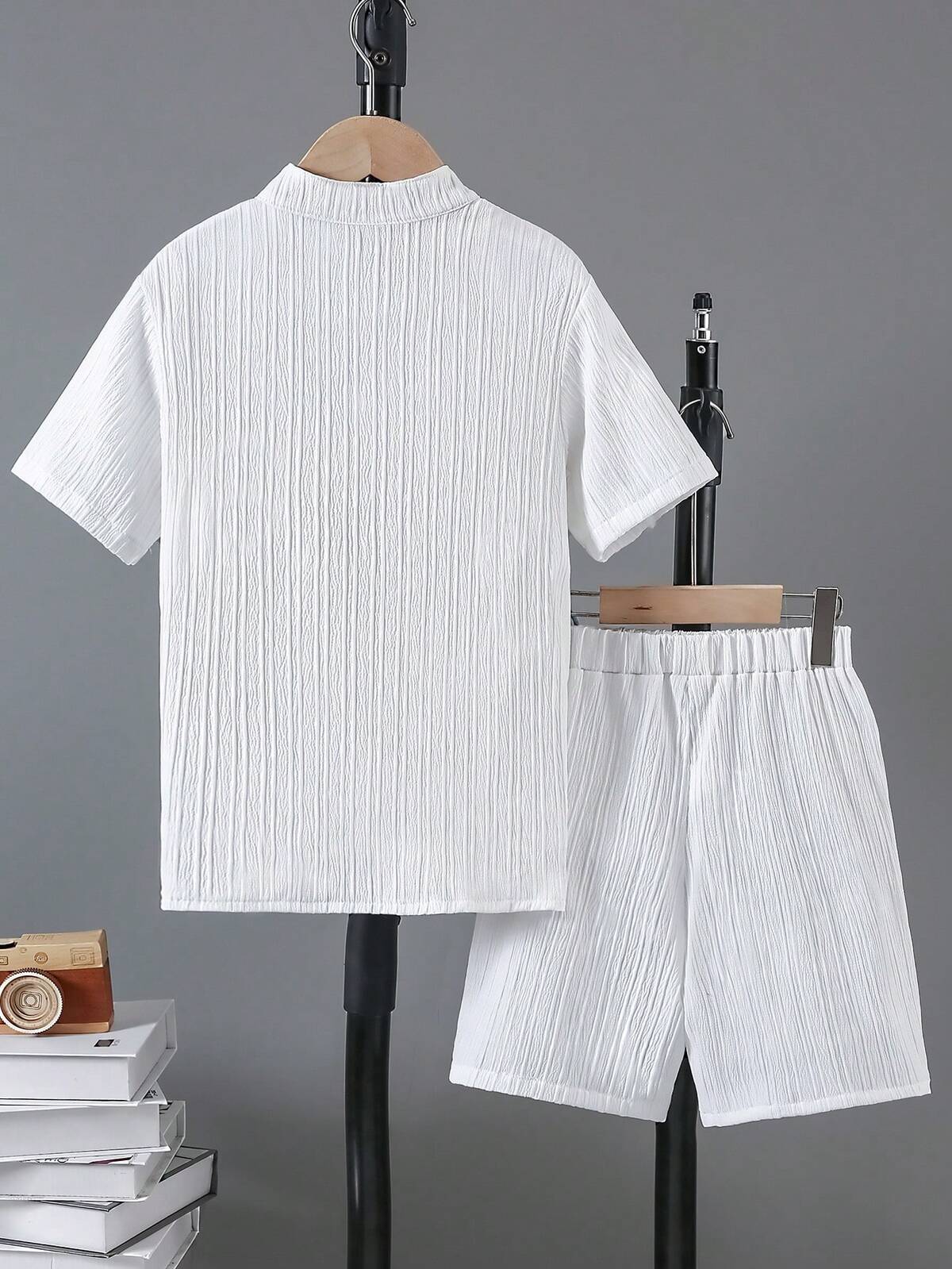 2 pièces/Set Chemise à col mao et short en tissu texturé pour garçons, été, âges 8-15 2