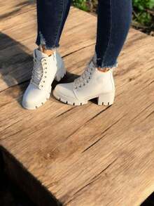 Botas De Mujer Cortas Tacón Grueso Cómodas Cierre Lateral Suela Antiderrapante - Beis - Ver 4