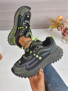 Women's Contrast Color Patchwork Breathable Anti-Slip Rhinestone Chunky Sole Serrated Platform Sneakers, Unique Design, Casual Sports Shoes, Fashion & Comfortable Versatile, Suitable For All Seasons, College Style Chunky Sneakers