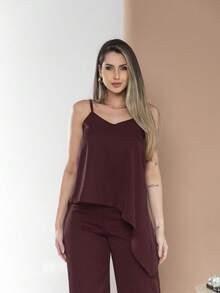conjunto de blusa assimetrica com calça pantalona elegante C3142 - Vinho - Visão 5