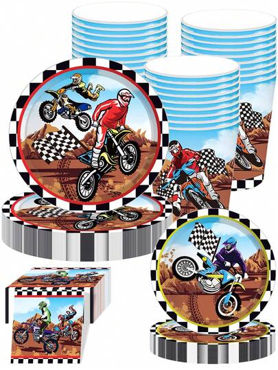 10 stycken tallrikar för terrängcykelfest, 255 g koppar och servetter, festtillbehör, motorcykeltemafest, bordsservis, terrängcykelfest, terrängcykelfestdekorationer, födelsedagspresenter, dusch, service, 10 st