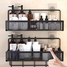 Stainless Steel Wall-Mounted Organizer Basket For Bathroom, Kitchen, And Shower - Self-Adhesive, Space-Saving Design With Multiple Shelves For Toothbrushes, Cosmetics, And More, Bathroom Storage Modern Bathroom Accessory Durable Construction, Bathroom Organizer Rack Bathroom Accessories Back To School