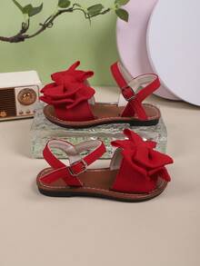 1 par de sandalias planas de color liso con diseño de lazo, de moda para uso al aire libre en verano para niñas - Rojo - Ver 4
