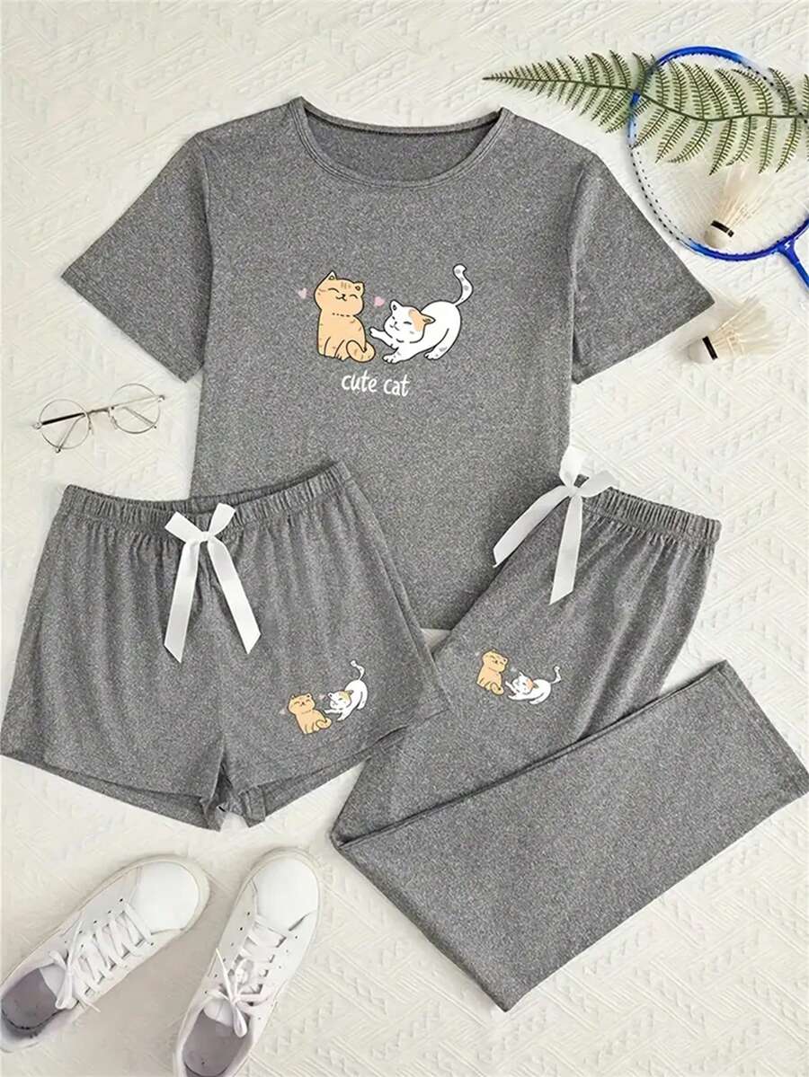 Bộ đồ ngủ 3 món in họa tiết hoạt hình màu xám dành cho nữ, đồ ngủ mặc ở nhà - Xám - Xem 1