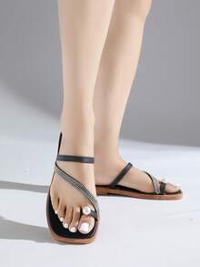 2025 Comfortable Thick Bottom Women's Flat Shoes, Soft & Flexible, New Stylish Square Toe Slip-On Mules With Elegant Detail, Metallic Buckle Decoration, Refined Fashion Solid Color Flats - Black - View 6