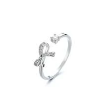 1pc Adjustable Copper Micro Inlaid Zirconia Stone Bow Design Ring, Suitable For Women Daily Wear - Silver - View 1