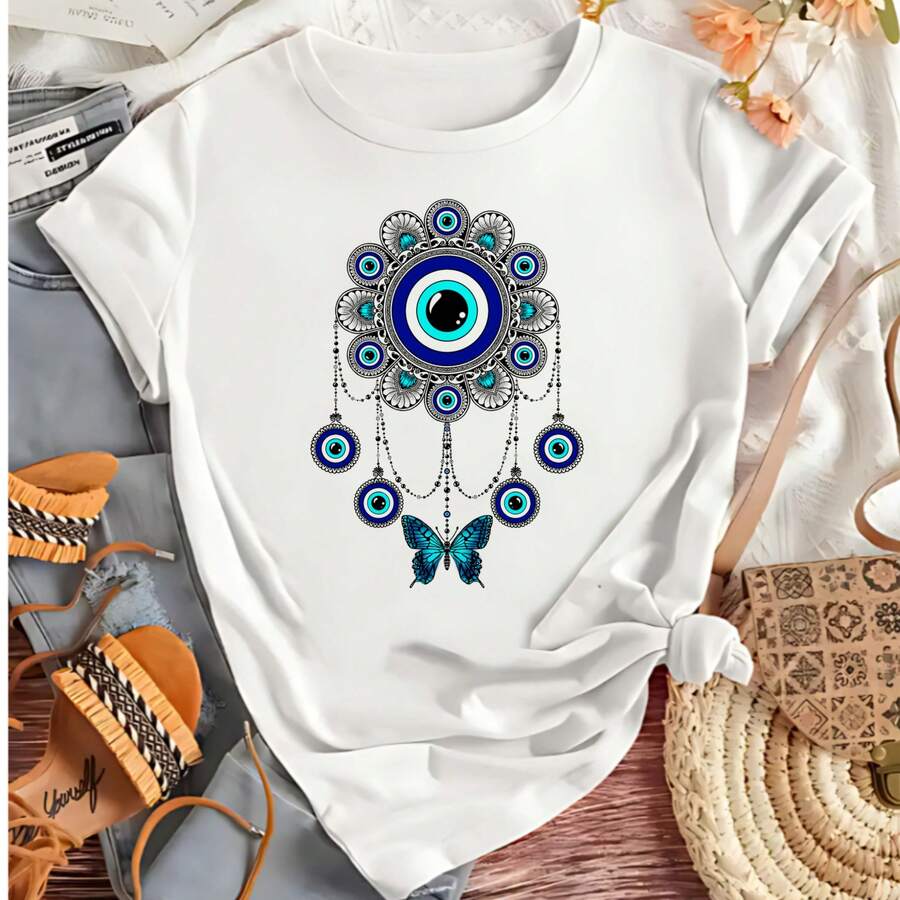 Women's Blouse OLHO GREGO BUTTERFLY, Basic Casual Printed Baby Look T-Shirt, Hippie Good Vibes Plus Size Fashion - 白色 - 查看 1