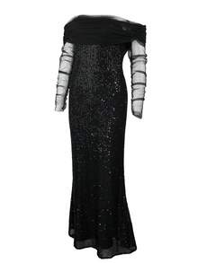 Off The Shoulder Mesh Sleeves Back Lace Up Sequin Wedding Gown In Black, Bride - Black - View 10