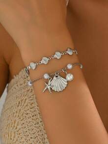 2pcs/Set Beach Vacation Style Metal Alloy Shell, Starfish & Faux Pearl Pendant Bracelet Set, Handmade Versatile Jewelry Suitable For Women's Daily, Beach, Date, Party & Music Festival Wear. The Handmade Chain Length Can Be Customized. - Multicolor - View 3