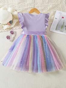 Baby Girl Rainbow Glitter Printed Dress With Ruffled Sleeves & Adjustable Bow Belt Knee-Length Breathable Mesh Summer Casual Toddler Dresses - 紫色 - 查看 2