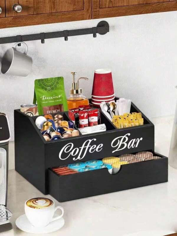 Counter Coffee Bar Organizer - Rustic Black Wood Coffee Station Organizer, Suitable For Storing Coffee Bags, Sugar, Tea Bags And More - Great For Home Kitchen, Office Lounge, Restaurant - No Power Supply Required, Freestanding Design Back To School