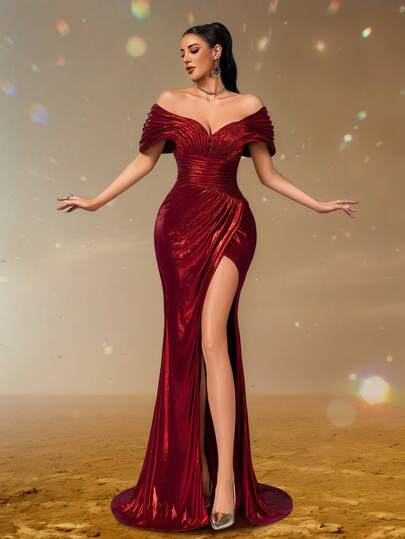 Off Shoulder Gown, Bodycon Evening Dress For Women, High Slit Party Dress, Elegant Formal Dress, Ruched Mermaid Silhouette, Glamorous Holiday Look, Prom & Gala Wear