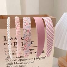 5 Pcs/Set Women Spring Floral Plaid Pearl Hair Hoop Set, Ethereal & Sweet Wide-Edge Headband Hair Accessories, Versatile Outdoor Girly Style, Valentine's Day Gift For Girlfriend, Pink Hair Accessories Headbands Hairband