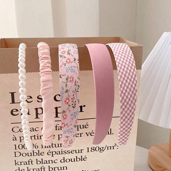 5 Pcs/Set Women Spring Floral Plaid Pearl Hair Hoop Set, Ethereal & Sweet Wide-Edge Headband Hair Accessories, Versatile Outdoor Girly Style, Valentine's Day Gift For Girlfriend, Pink Hair Accessories Headbands Hairband