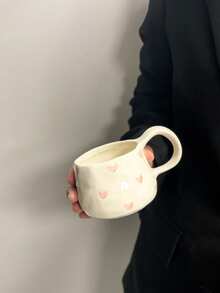 1 件粉色心形手工捏制陶瓷咖啡杯碟，韩国可爱手绘马克杯，高品质女士水杯、咖啡杯、茶杯，适合居家、派对、节日礼物返校 - 彩色 - 查看 5