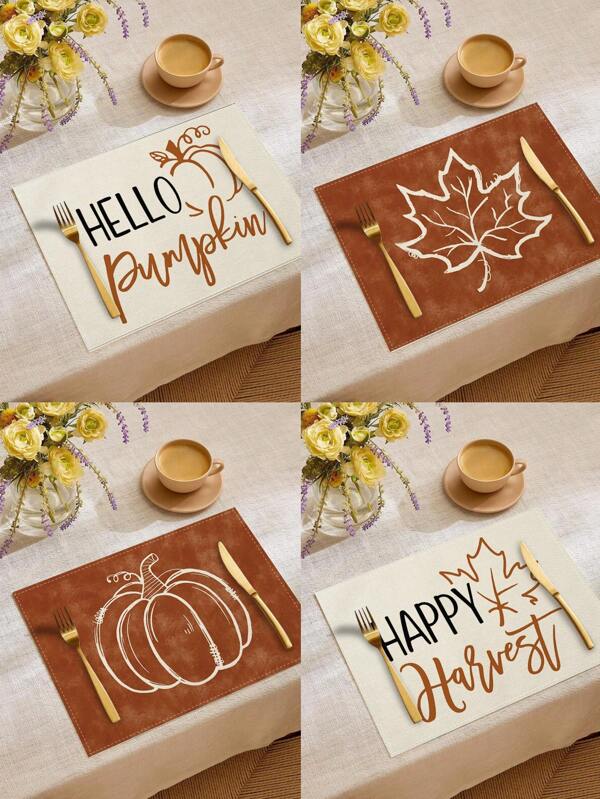 1 pieza/4 piezas/6 piezas Manteles individuales con hojas de arce y calabazas de otoño, manteles de lino con el texto "Hola otoño", manteles resistentes a la suciedad, apropiados para el hogar, restaurante, decoración de mesa de comedor, artículos esenciales para el hogar