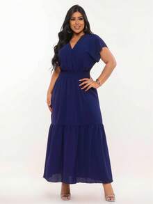 Long Dress With Ruffle And Evangelical V-Neck - 藏蓝色 - 查看 1