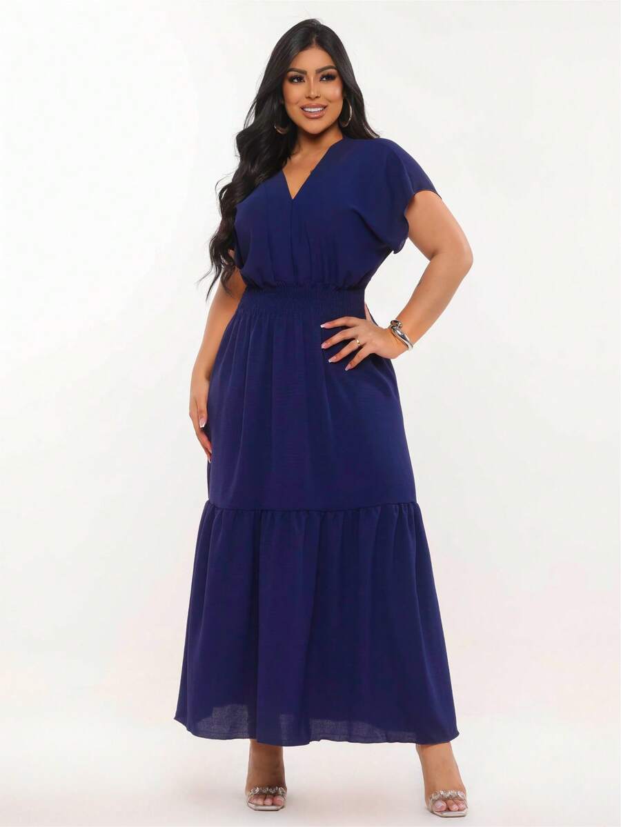 Long Dress With Ruffle And Evangelical V-Neck - 藏蓝色 - 查看 1