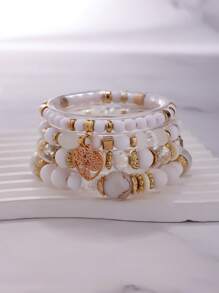 4pcs Fashionable Minimalist Pearl & Heart Pendant Multi-Layer Bracelet, Suitable For Women Daily Casual Wear