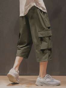 Plus Size Men's Summer Casual Multi-Pocket Drawstring Waist 3/4 Shorts