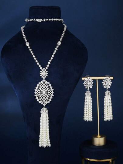 2pcs Silver Cubic Zirconia & Pearl Tassel Necklace Earrings Set, Elegant Design Suitable For Women To Wear At Evening Party, Wedding
