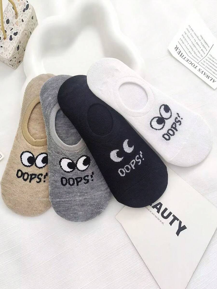 1 Pair/4 Pairs Men's Breathable Sweat-Absorbing Casual College Style Letter & Big-Eye Graphic Invisible Boat Socks, Suitable For Leisure & Outdoor
