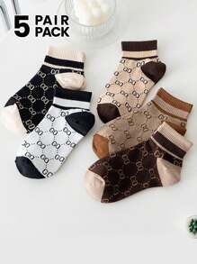 5 Pairs Women Short Socks With Striped Letter Pattern, Multi-Color, Simple, Contrasting Color, Sporty, Fashion, Versatile, Spring/Summer