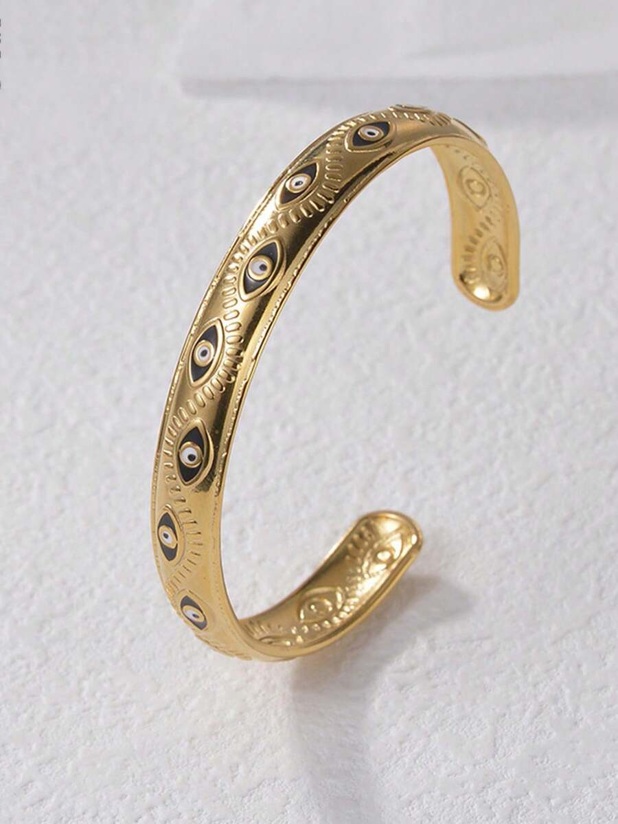 1pc Retro Style Black Eye Stainless Steel 18K Open Bangle - Yellow Gold - View 1