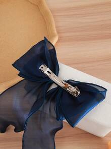 1pc Navy Blue Mesh Fabric Large Bow & Wave Ribbon With Spring Clip Hairpin, Elegant & Gentle Hair Accessory For Spring Valentine's Day Valentines Hair Accessories For Women, School Stuff, College, Bows, Cute, Christmas Outfit For Women, Head Accessories, Claw Clips - Navy Blue - View 3