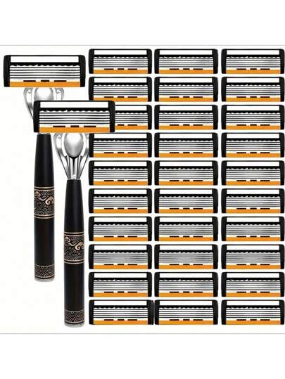 1 Manico + 24 Lame + 1 Scatola Set di Rasoi di Lusso In Acciaio Inossidabile per Uomo - Lame Ultra Affilate per una Rasatura Liscia e Rifinitura Barba, Facile da Pulire e Durevole, con Manico in Metallo Antiscivolo, Diverse Opzioni di Confezione Disponibili